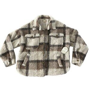 Altar'd State Teddy Sherpa Shirt Jacket Shacket Plaid Button Pockets M NWT $90